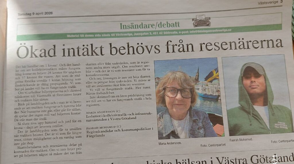 Insändare om kollektivtrafikens biljettpriser i tidningen Västsverige. Kollektivtrafiken måste ha intäkter,. Vi vill se en fungerande trafik med fler turer och bättre förbindelser.